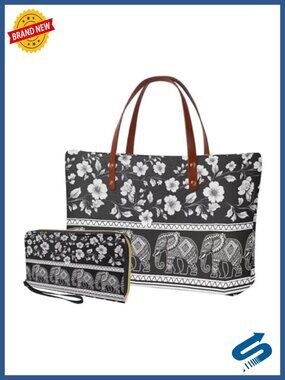 Large Tote Handbag with PU Wallet Set - Polyester Satchel Shoulder Bag